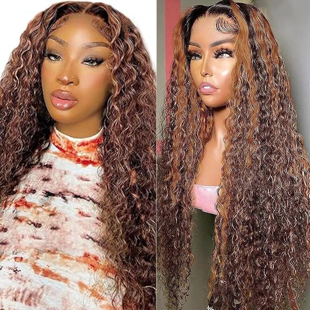 Bafamiya Highlight Brown Human Hair Wig P4/30 Curly Wave Lace Front Wigs Brown 20 Inch 13x6 Wigs Human Hair 200% Density Real Pre Plucked Brazilian Hair For Black Women