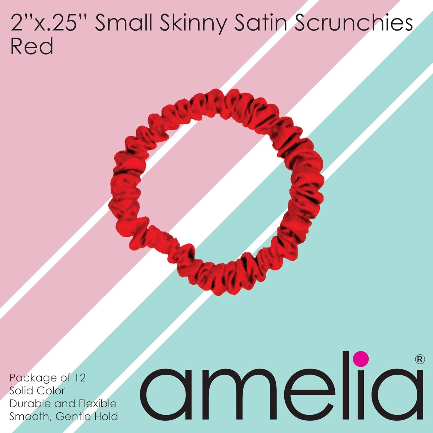 Amelia Beauty, Black, Skinny Satin Scrunchies, 12 Pack – 2in Diameter, Gentle & Strong Hold, No-Snag, No-Dent, Crease-Free Hair Ties