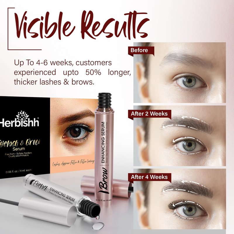 Herbishh Eyelash & Eyebrow Groth Serum Combo for Women & Men (0.135 fl. oz Each), Peptide Infused Lash Enhancing Treatment & Brow Conditioner, Fuller-Looking Lashes & Brows, Safe for Lash Extension