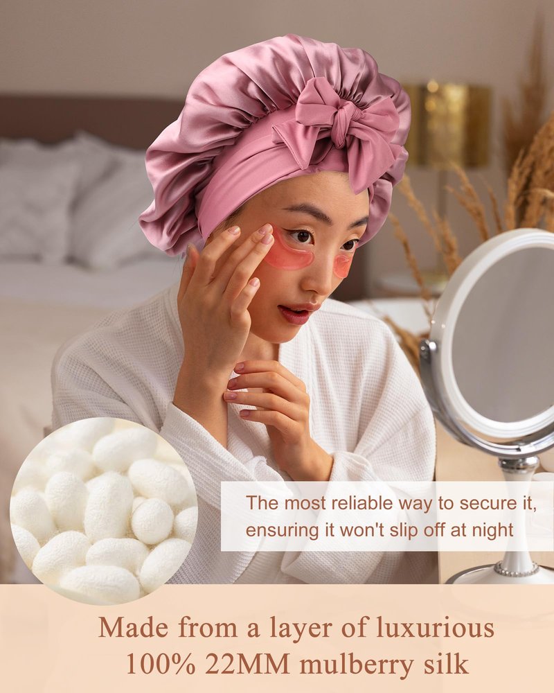 Silk Bonnet 100% Mulberry Hair Bonnet for Sleeping Women Hair Wrap with Elastic Band Sleep Night Cap(Bean Paste)