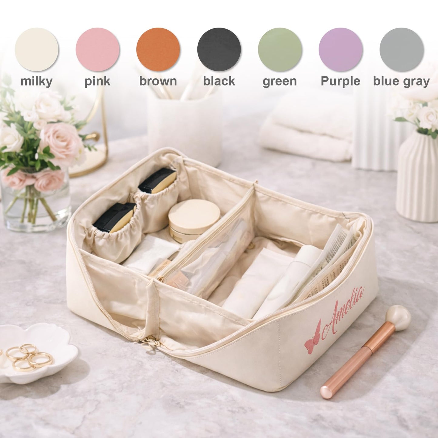 Dyoart Custom Embroidered Name Travel Makeup Bag Gifts for Mothers Day Personalized Large Capacity Cosmetic Bags for Women Customized Toiletry Bag Christmas Birthday Gifts for Girlfriend Wife