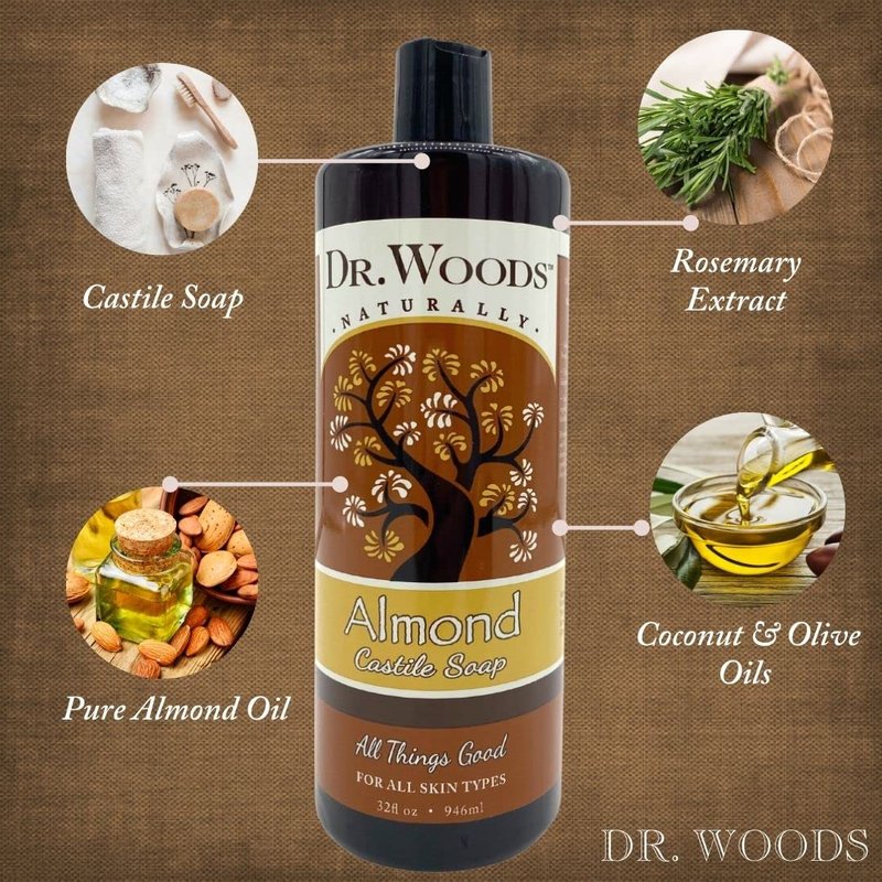 Dr. Woods Pure Almond Oil Castile Soap - Natural Cleansing for Face, Hands & Body | 32 Fl Oz, Pack of 2