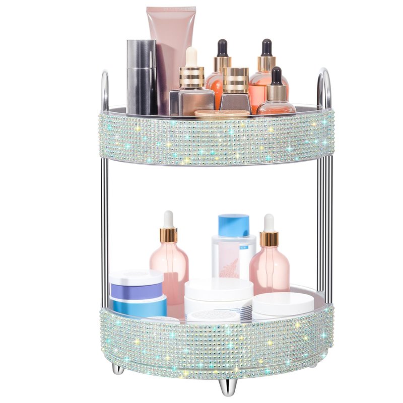 Honeydak 360 Rotating Perfume Organizer for Mother Day Nurse Day Rhinestone Bathroom Counter Organizer Makeup Holder Skincare and Perfume Storage for Cosmetic Countertop(2 Tiers,Resin Stone,Silver)