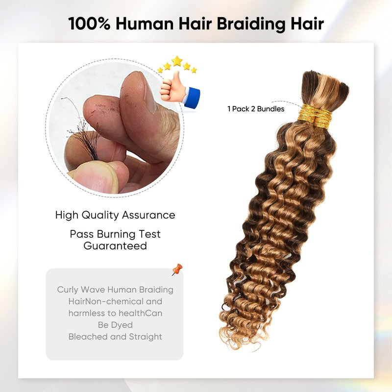Human Braiding Hair 16 Inch 100g Ombre Highlight Deep Wave Bulk Human Hair for Braids No Weft Curly Bundles Human Hair Extensions for Boho Knotless Braids Wet and Wavy Braiding Hair (4/27)