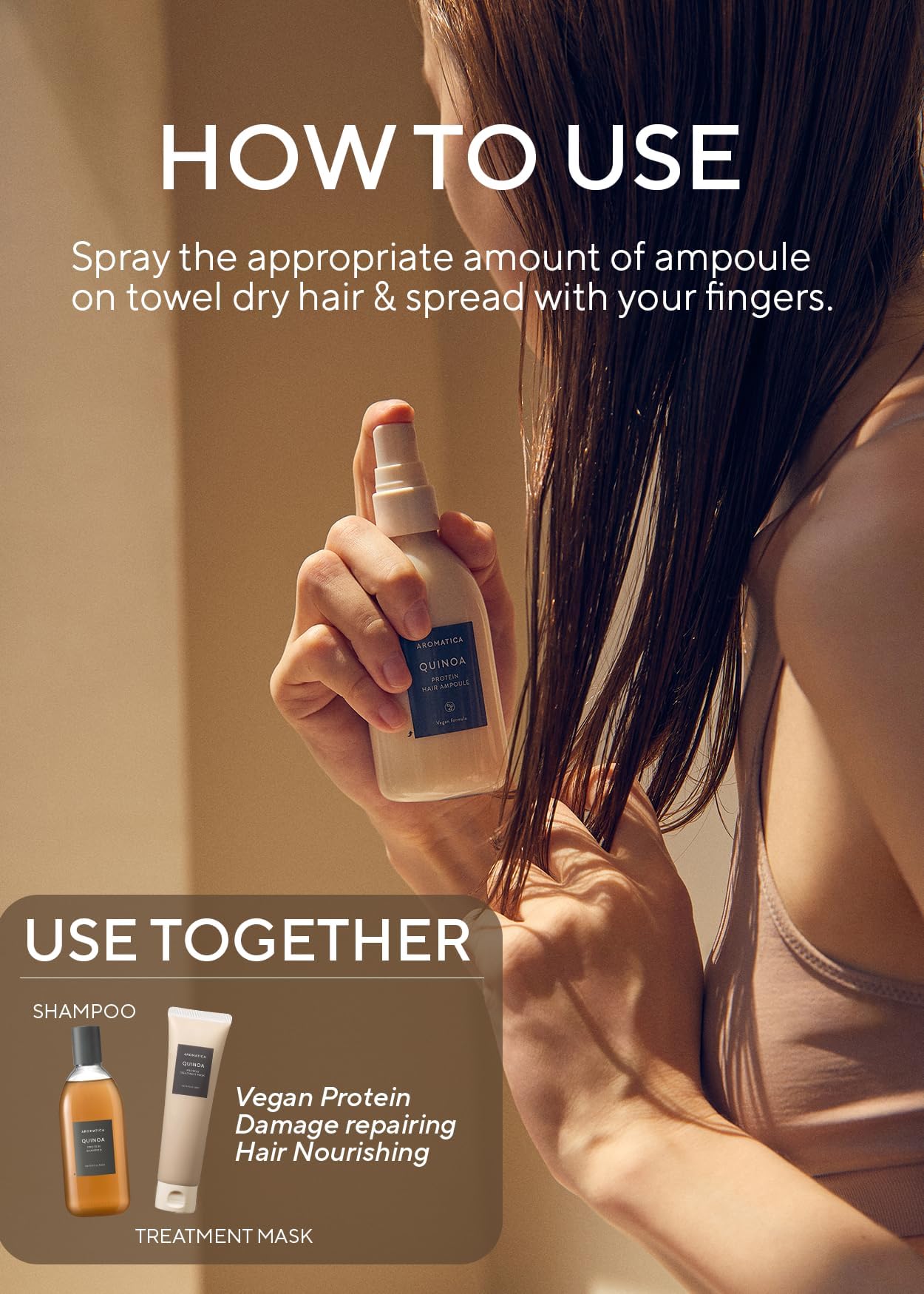 AROMATICA Quinoa Protein Hair Ampoule 3.38 fl. Oz - Vegan Protein Hair Growth Serum for Silky Hair | Nourishing Dry, Damaged Hair | Silicone Free