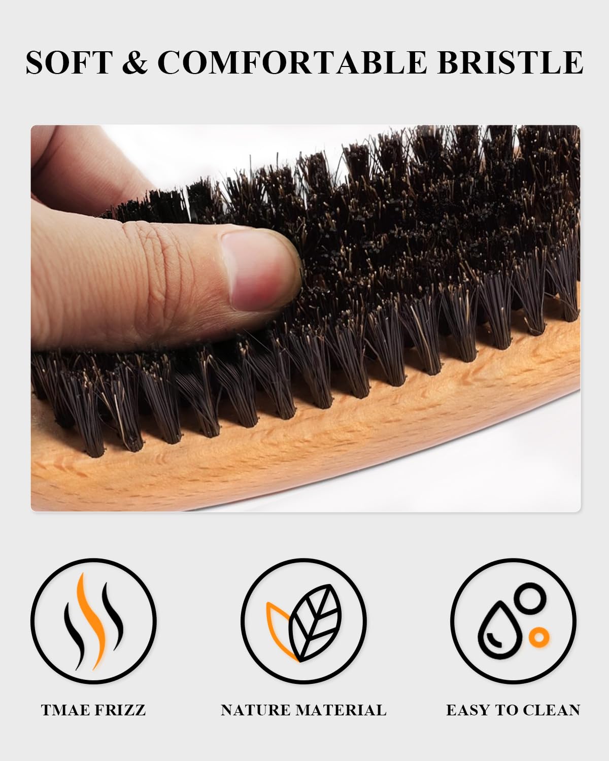 100% Boar Bristle Slick Back Hair Brush | Natural Peach Wood Handle | Restores Shine, Controls Frizz, Smooths Flyaways | Teasing Adds Volume Styling Tool | For Sleek Ponytails, Buns & Beard Grooming
