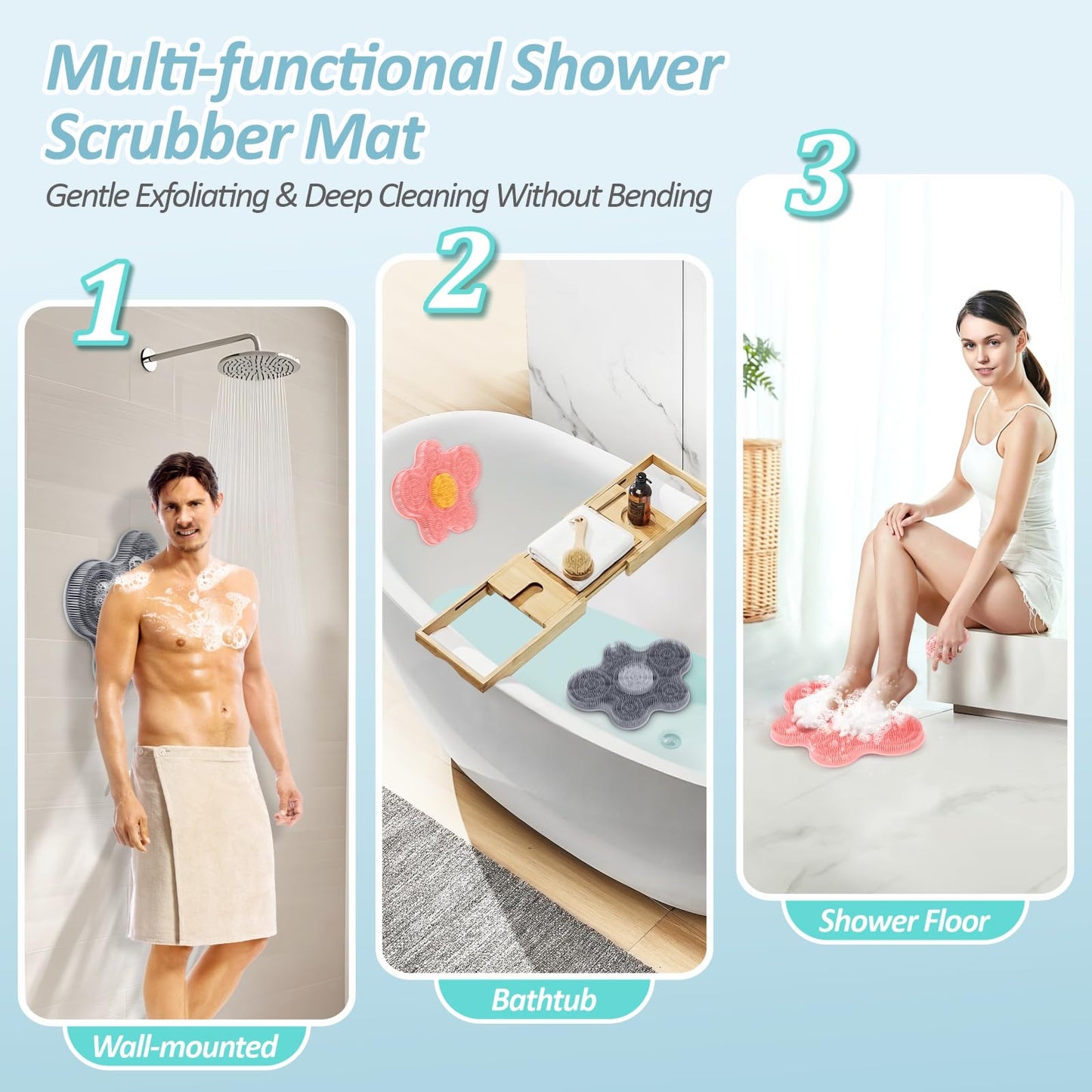 GEENOA Upgrade Silicone Shower Foot Scrubber Mat & Silicone Bath Brush Set, Large Wall-Mounted Back Scrubber Back Washer to Clean, Exfoliate and Massage Without Bending(Gray+Soft Brush)