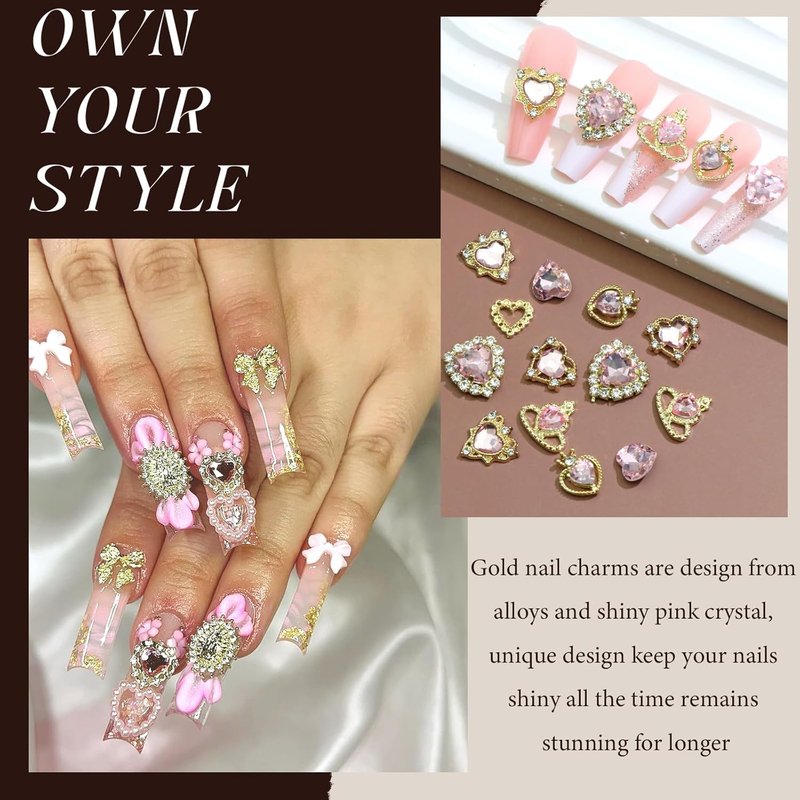 3D Pink Heart Nail Charms Kit - Shiny Gold Nail Gems & Rhinestones | 7 Unique Shapes for DIY Nail Art