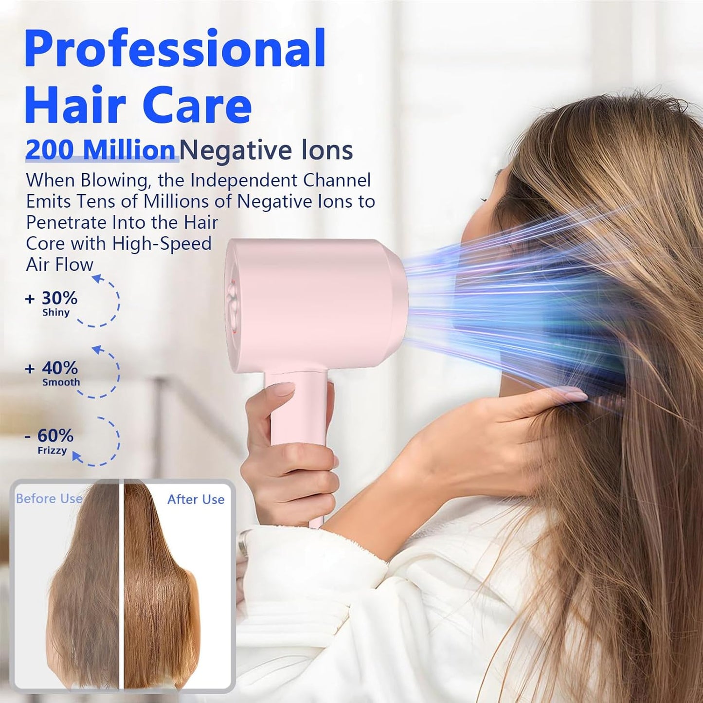 KIKVOOL Diffuser Hair Dryer - 110,000 RPM Ionic Blow Dryer for Thick Hair | Portable & Lightweight, Pink