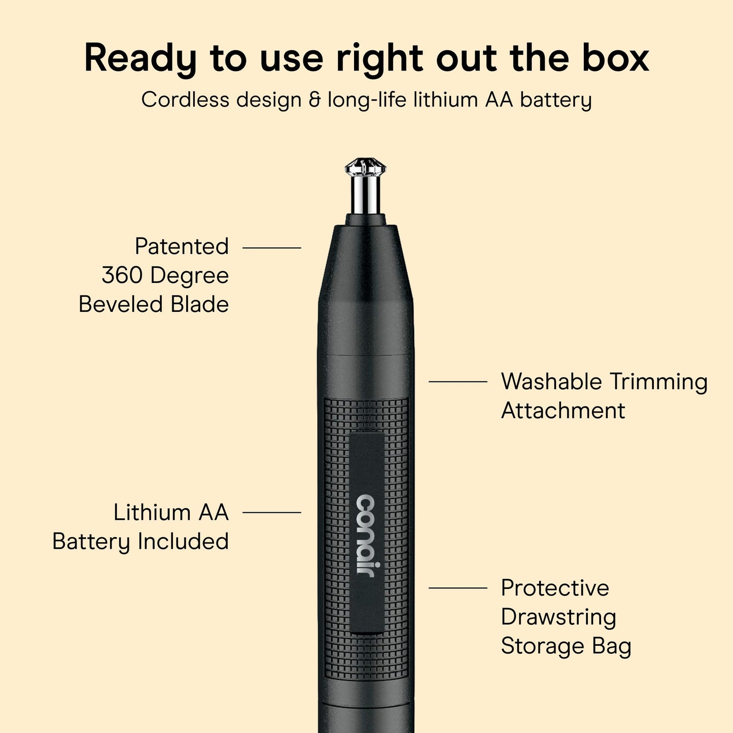 ConairMAN Ear and Nose Hair Trimmer for Men, Cordless, 360° Bevel Blade