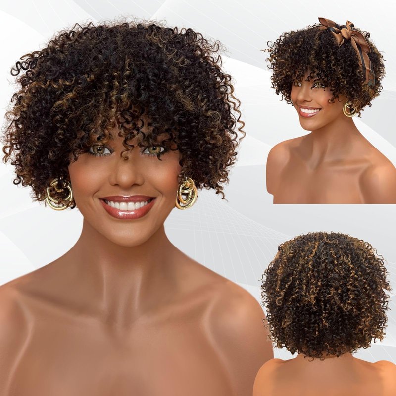 MPS Kinky Curly Wig with Bangs Blonde Highlight Wigs 3C-4A Coily Afro Curl Human hair Wig Short Human Hair for Black Women Ready to Wear