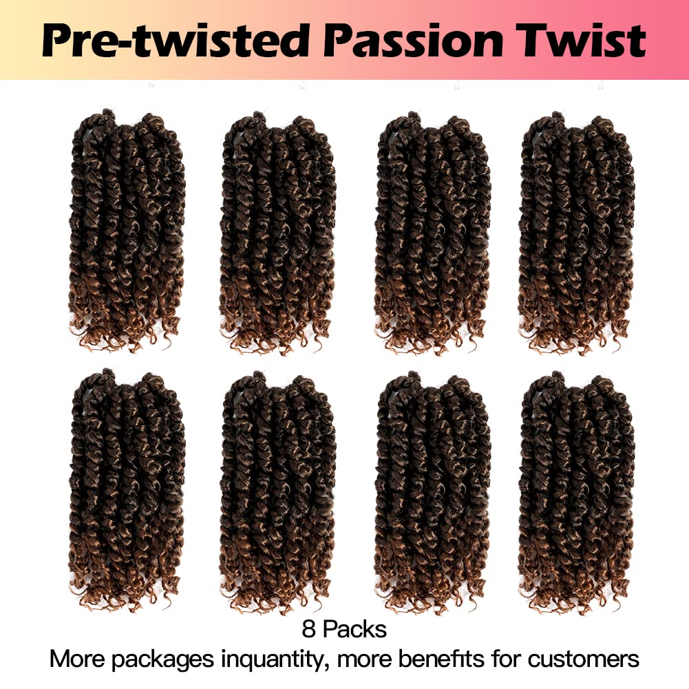 Niseyo 6 Inch Passion Twist Hair Pre-twisted 8 Packs Pre-looped Crochet Passion Twist Crochet Hair Short Braids (T30, Ombre Medium Dark Brown)
