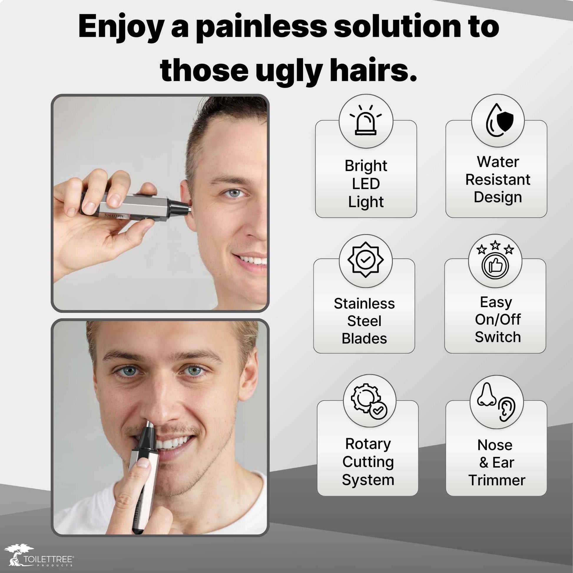 ToiletTree Products Nose Hair Trimmer with LED Light - Stainless Steel, Heavy-Duty Casing - Ear & Nose Hair Trimmer - Men's Grooming Trimmer for Beard, Eyebrows, and Ears