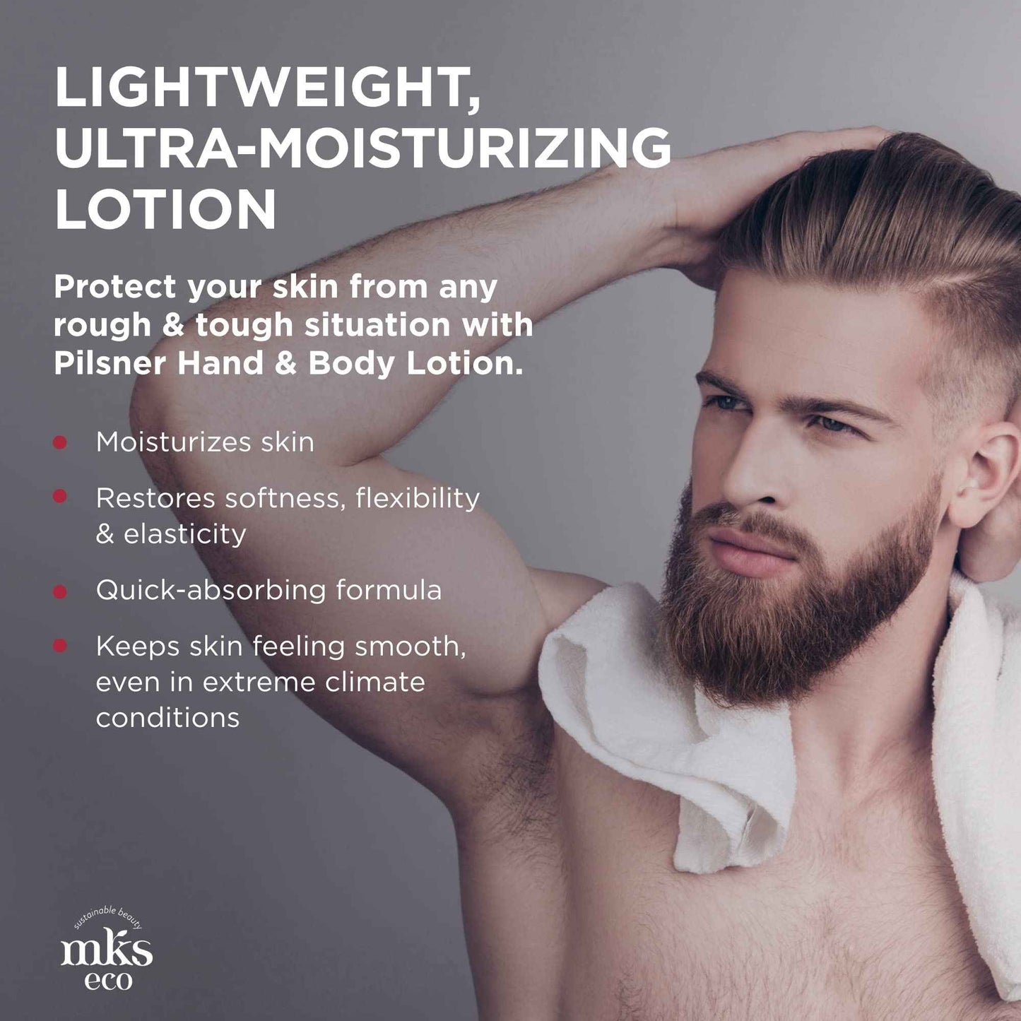 MKS eco for Men Pilsner Hand & Body Lotion, Sandalwood Scent - 10 oz - Hydrate, Smooth & Protect Skin - With Hemp Seed Oil & Argan Oil - Vegan, Cruelty Free