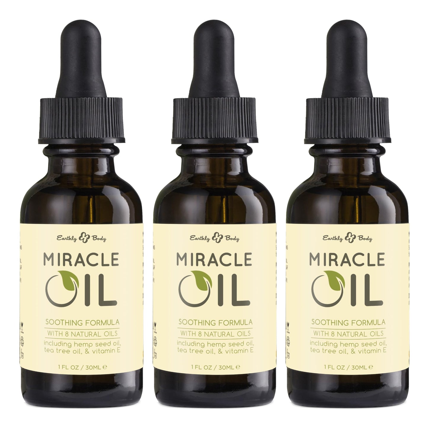 Earthly Body Miracle Oil, 1 fl. oz. - 3 Pack - 100% Natural Tea Tree Oil, Hemp Seed Oil & Vitamin E - Moisturizer, Calms Skin Irritations, Helps Smooth Wrinkles - Gluten Free, 100% Vegan