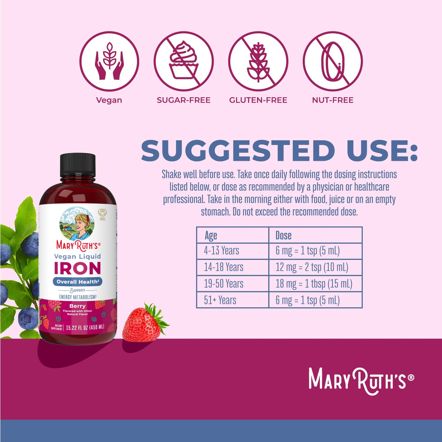 Iron Supplement for Women Men & Kids | Liquid Iron Supplement for Women Men & Kids | Iron for Healthy Blood & Oxygen | Ages 4 & Up | Sugar Free | Vegan | Non-GMO | Gluten Free | 16 Fl Oz