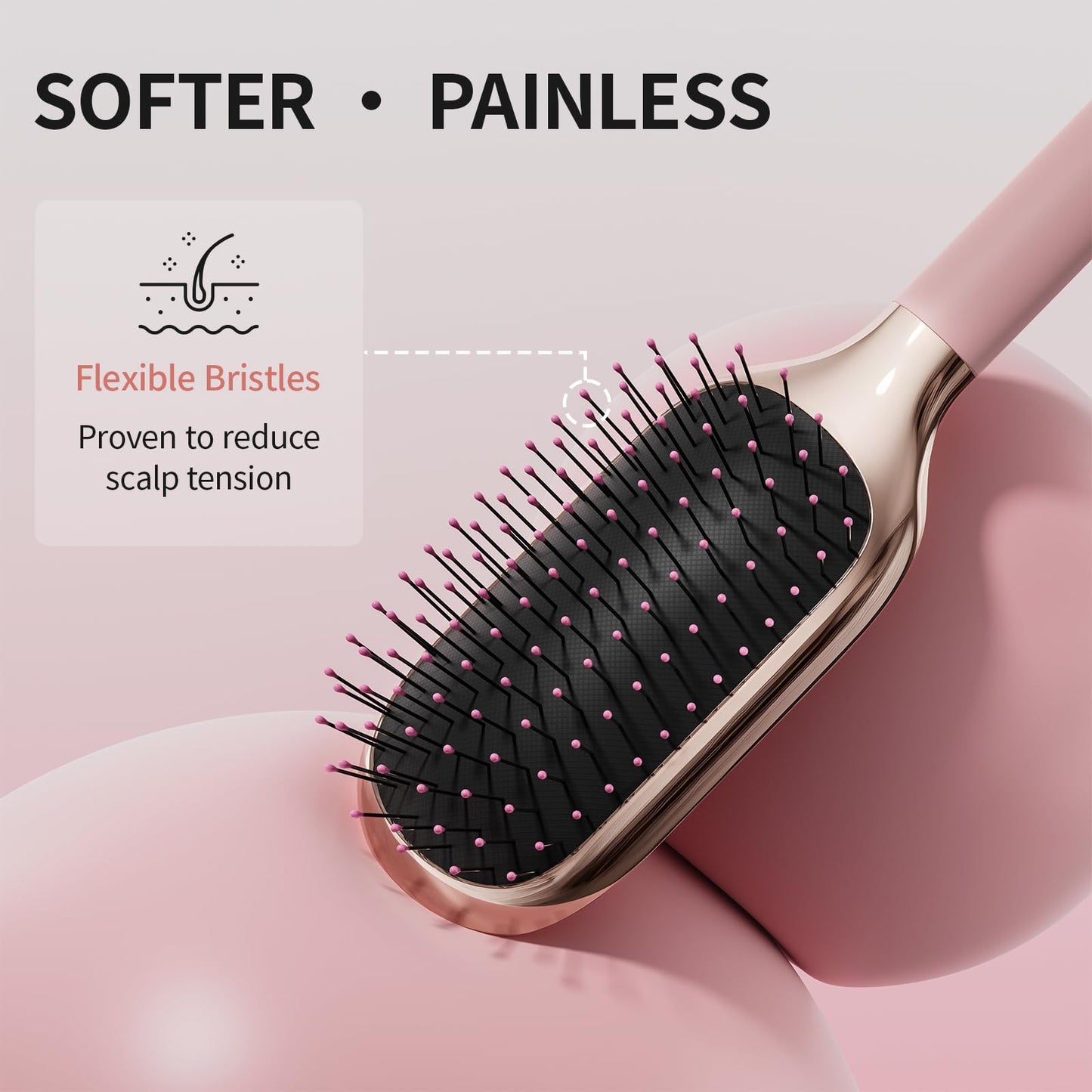 MELBANG Detangling Hair Brush, Paddle Hair Brush for Wet & Dry Hair, Pain-Free Detangler Brush for Thick, Curly & Damaged Hair, Soft Cushion Bristles, No Pulling (Pink)