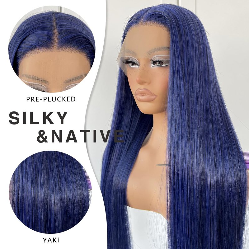 Blue Straight HD Lace Front Wig - Pre-Plucked Glueless Synthetic Hair for Women | Perfect for Cosplay & Fashion