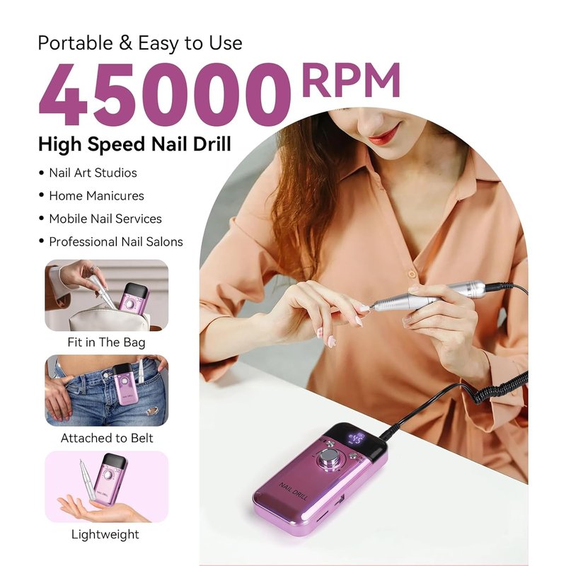 Electric Nail Drill Kit - Professional 45000RPM Rechargeable Nail File with Complete Bits for Acrylic & Gel Polishing | Portable 2000mAh Machine