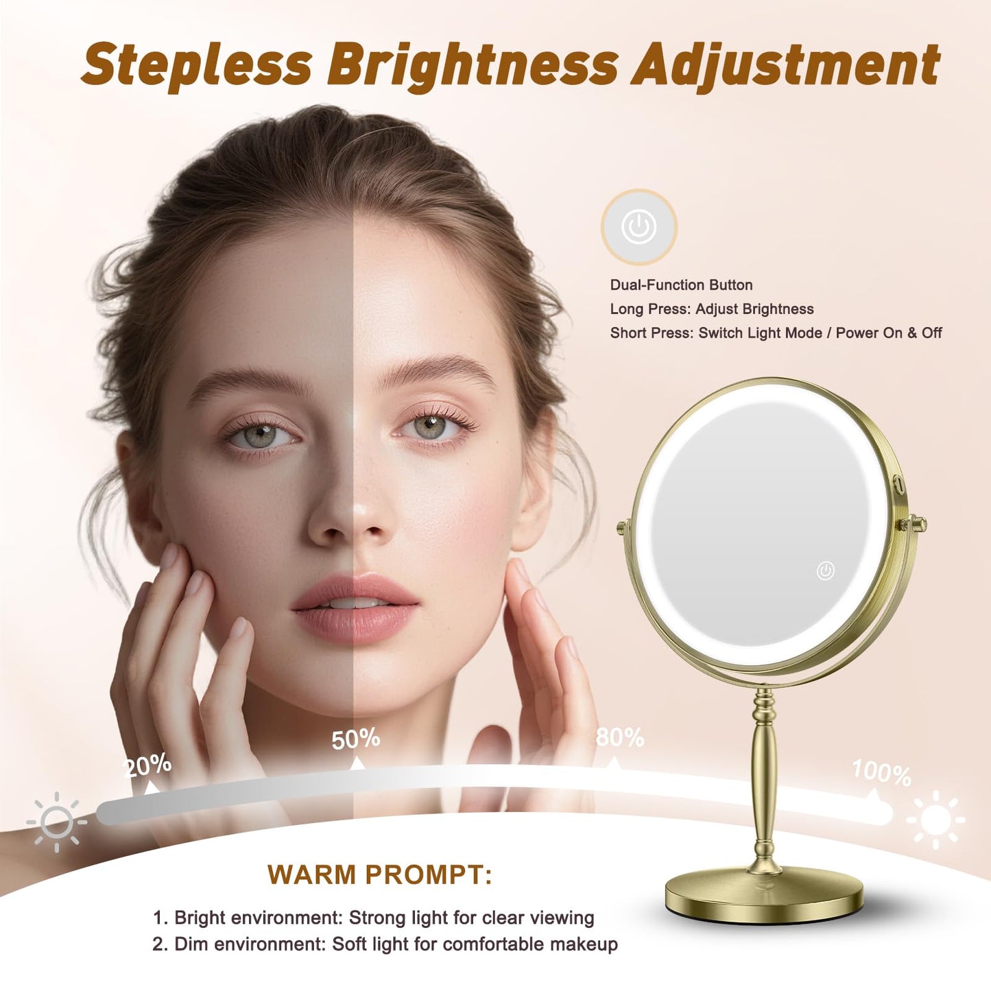 Matekxy 8" Lighted Makeup Mirror with Magnification - 1X/10X Magnifying Desk Mirror with Rechargeable LED Lights, 3 Colors Dimmable Tabletop Mirror, Brass Gold
