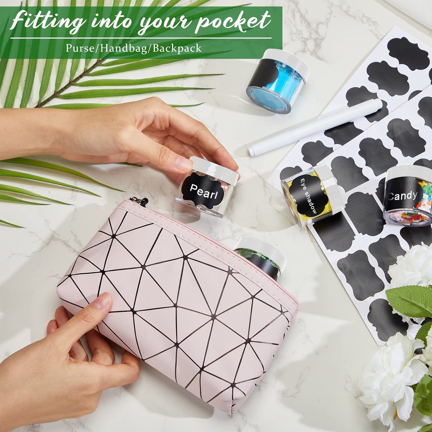 100 Set Plastic Jars Makeup Travel Makeup Container with Lids Small Storage Containers for Creams Toiletries Chalkboard Label Stickers Marker(1 oz,White)