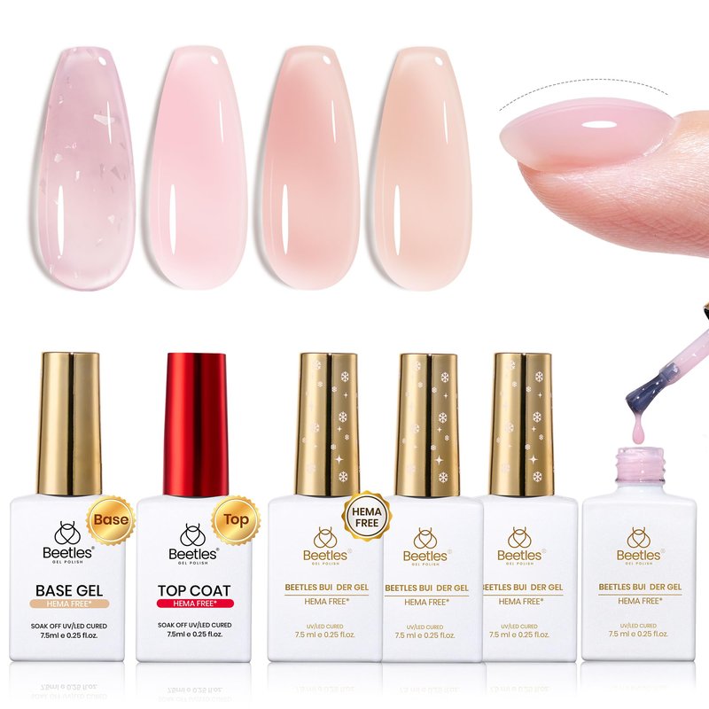 Beetles Builder Gel Set HEMA Free-Whispered Petals 4 Colors 8 in 1 Thickening Strengthening Building Instant Apex with Base&Top Coat Gel for Beginner DIY Salon at Home, UV & LED Nude