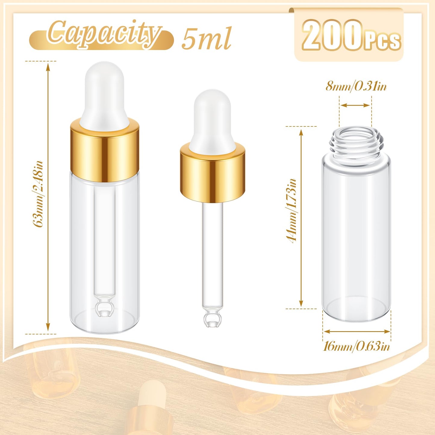 Didaey 200 Pcs 5 ml Mini Glass Oil Dropper Bottle Bulk, Clear Essential Small Empty Bottles Sample Containers Perfume Liquid Vials with Cap for Traveling (Champagne Gold)