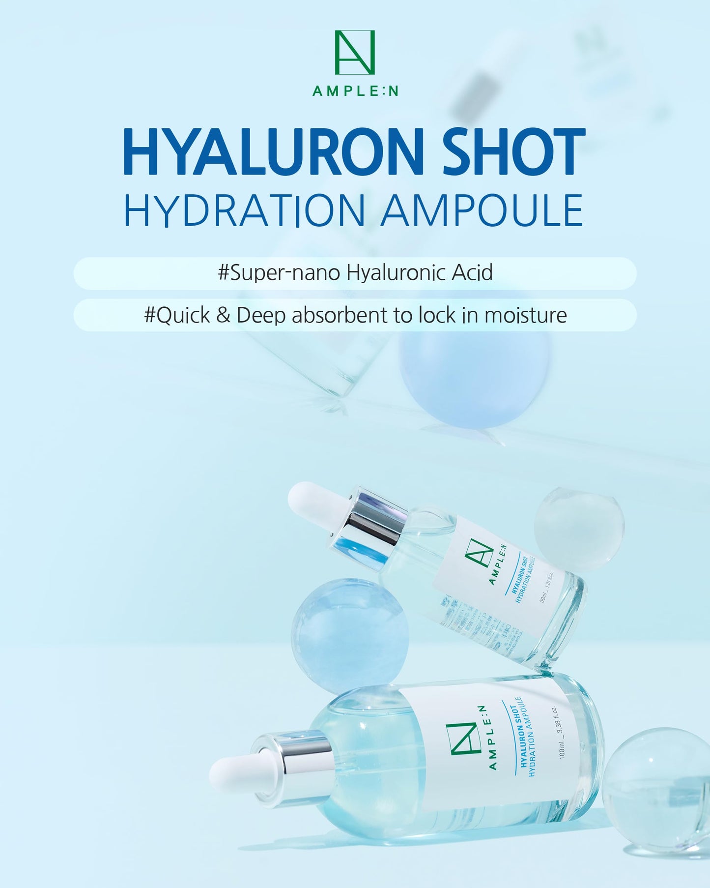 AMPLE:N Hyaluron Shot Hydration Serum – Plumping Face Serum with Hyaluronic Acid and Xylitol - Ultra Hydrating Moisturizer to Reduce Wrinkles and Restore Vitality and Glow, 3.38 fl.oz.