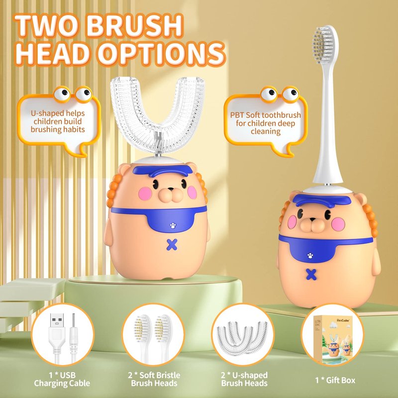 RexCodar Kids Electric Ultrasonic Toothbrush, U Shaped IPX7 Waterproof with 5 Smart Modes (Cartoon Duck, Ages 2-6)