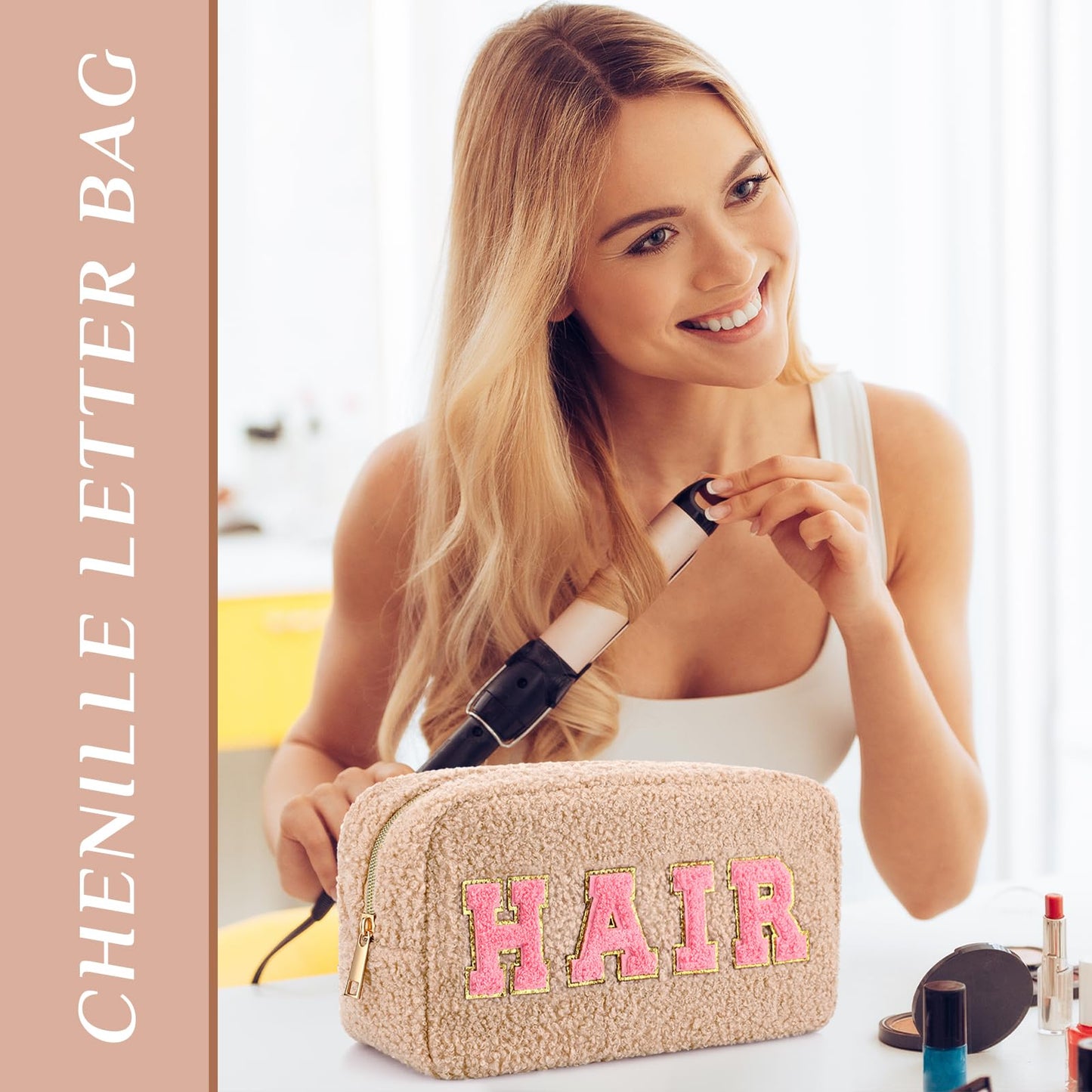 Paterr 4 Pcs Chenille Letter Preppy Patches Makeup Pouch Bag Plush Fuzzy Makeup Pouch Hair Skin Face Stuff Bag Cute Cosmetic Purse Zipper Travel Toiletry for Wedding Birthday Gifts(Pink Brown Colors)