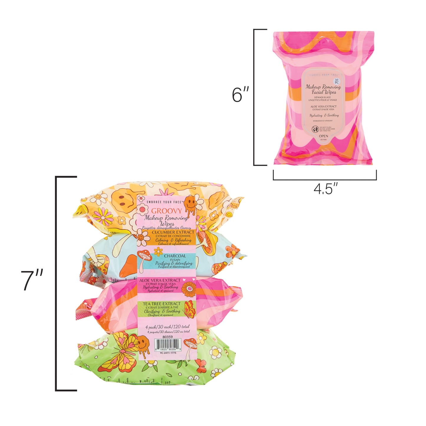 120pc Makeup Removal Wipes Variety Set | 4-Pack Groovy Botanical Makeup Remover Facial Cleansing Towelettes with Charcoal, Tea Tree, Cucumber, & Aloe Vera