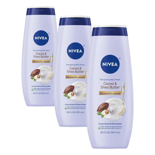 Nivea Pampering Cocoa and Shea Butter Body Wash with Nourishing Serum, Moisturizing Body Wash for Women, Enriched with Provitamin B5 and Vitamin E, 20 Fl Oz Bottle (Pack of 3)