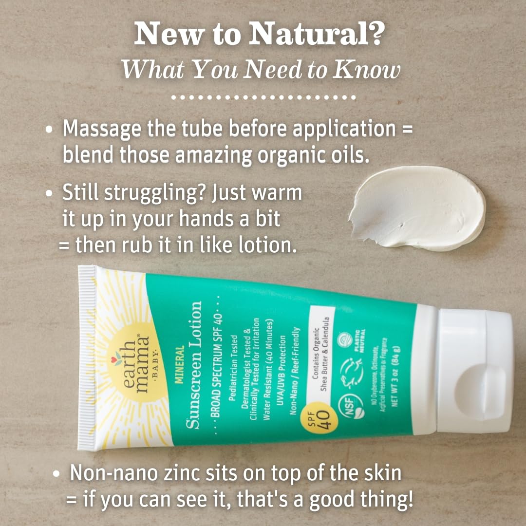 Earth Mama Baby Mineral Sunscreen Lotion SPF 40 - (2 Pack) 3 oz - Non-Nano Zinc - Broad Spectrum for Babies, Kids & Family - Water Resistant Sun Protection