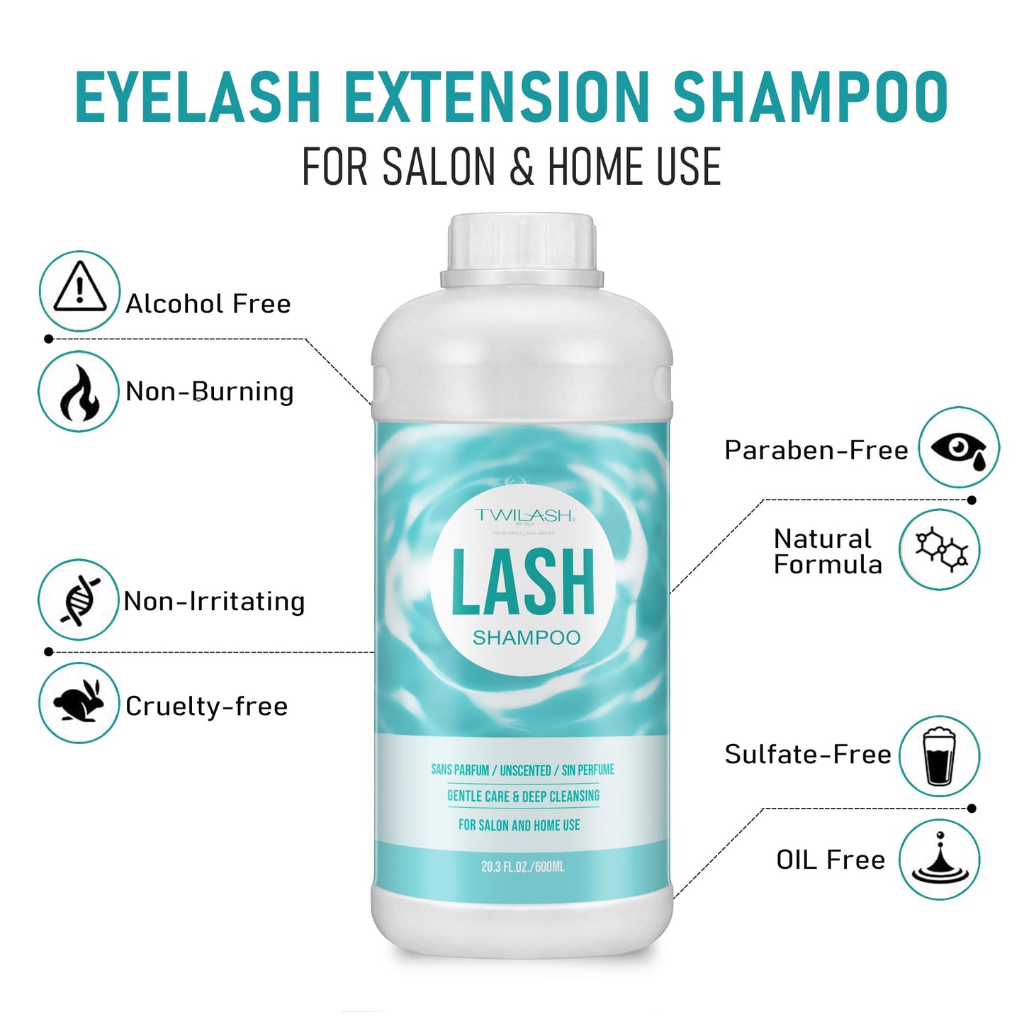 600ml Lash Shampoo Bulk, Eyelash Cleanser for Extensions, Safe Makeup Remover, Non-irritating or Burning Formula Eyelid Foaming Cleanser Best for Professional Salon and Home Use (Unscented)