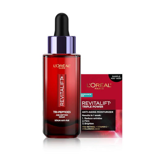 L'Oreal Paris Revitalift Triple Power Face Serum with Tri-Peptides, Hyaluronic Acid and Vitamin C, Anti Aging, Anti Wrinkle Serum to Firm and Brighten, 1 FL oz, + Sample