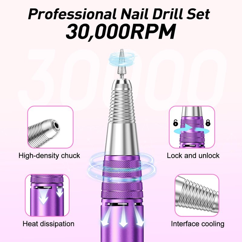 JIASHENG Professional Nail Drill, 30000rpm Electric Nail Drill Machine, Electric Nail File Drills for Acrylic Nails Kit Gel Nails Manicure Pedicure Tools, Purple