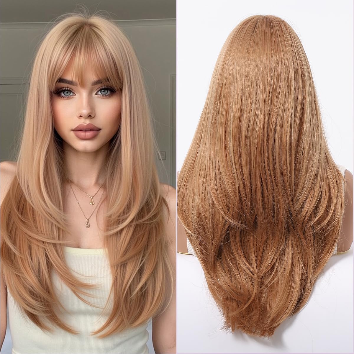 MS.FEEL Wig with Bangs Long Straight Layered Wigs Natural Looking Synthetic Glueless Wigs for Women Daily Party Use 24 Inch (Honey Blonde, 24 Inch)