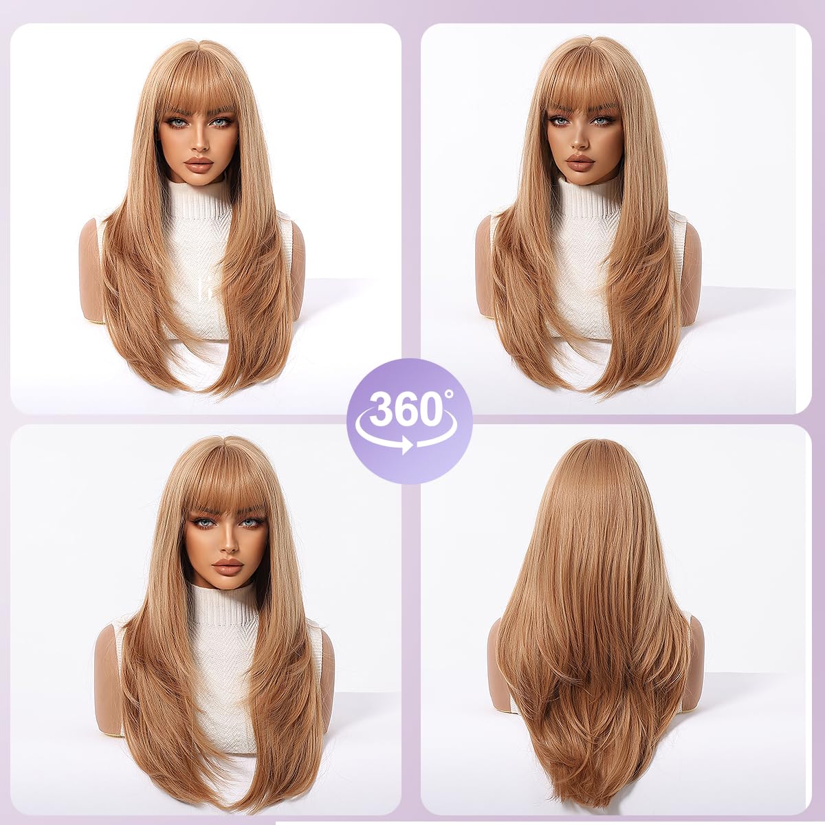 MS.FEEL Wig with Bangs Long Straight Layered Wigs Natural Looking Synthetic Glueless Wigs for Women Daily Party Use 24 Inch (Honey Blonde, 24 Inch)