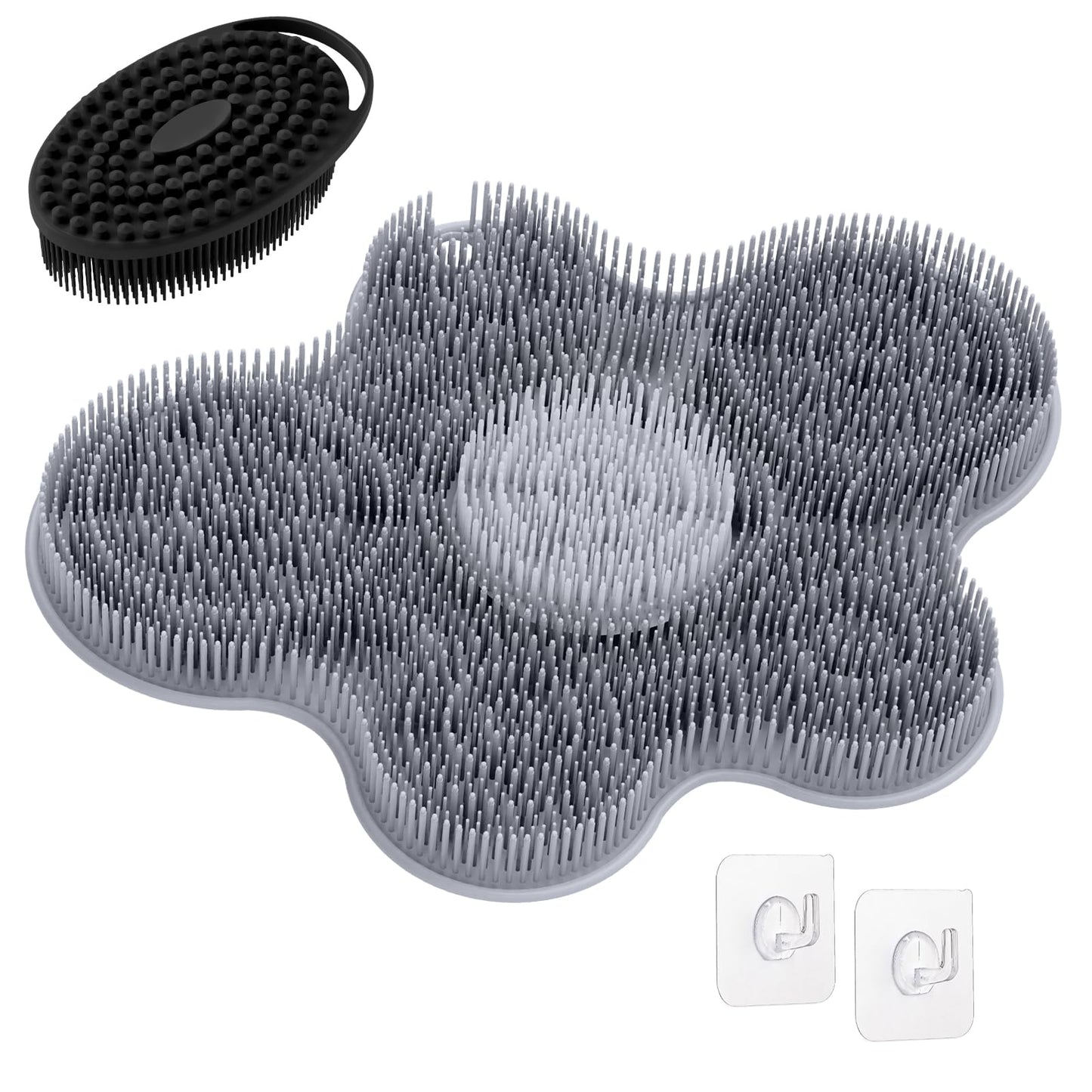 GEENOA Upgrade Silicone Shower Foot Scrubber Mat & Silicone Bath Brush Set, Large Wall-Mounted Back Scrubber Back Washer to Clean, Exfoliate and Massage Without Bending(Gray+Soft Brush)