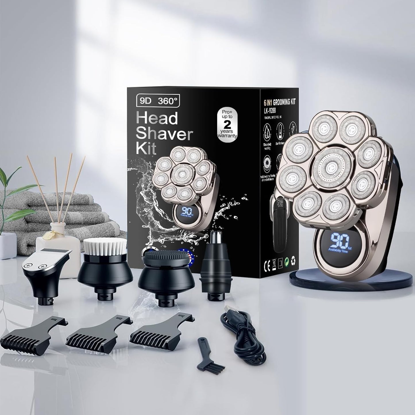 9D Electric Head Shaver for Bald Men, Upgraded 5-in-1 Head Shaver for Bald Men, Waterproof Wet/Dry Grooming Kit Electric Shaver for Men, Cordless Rechargeable Bald Head Razor for Home&Travel