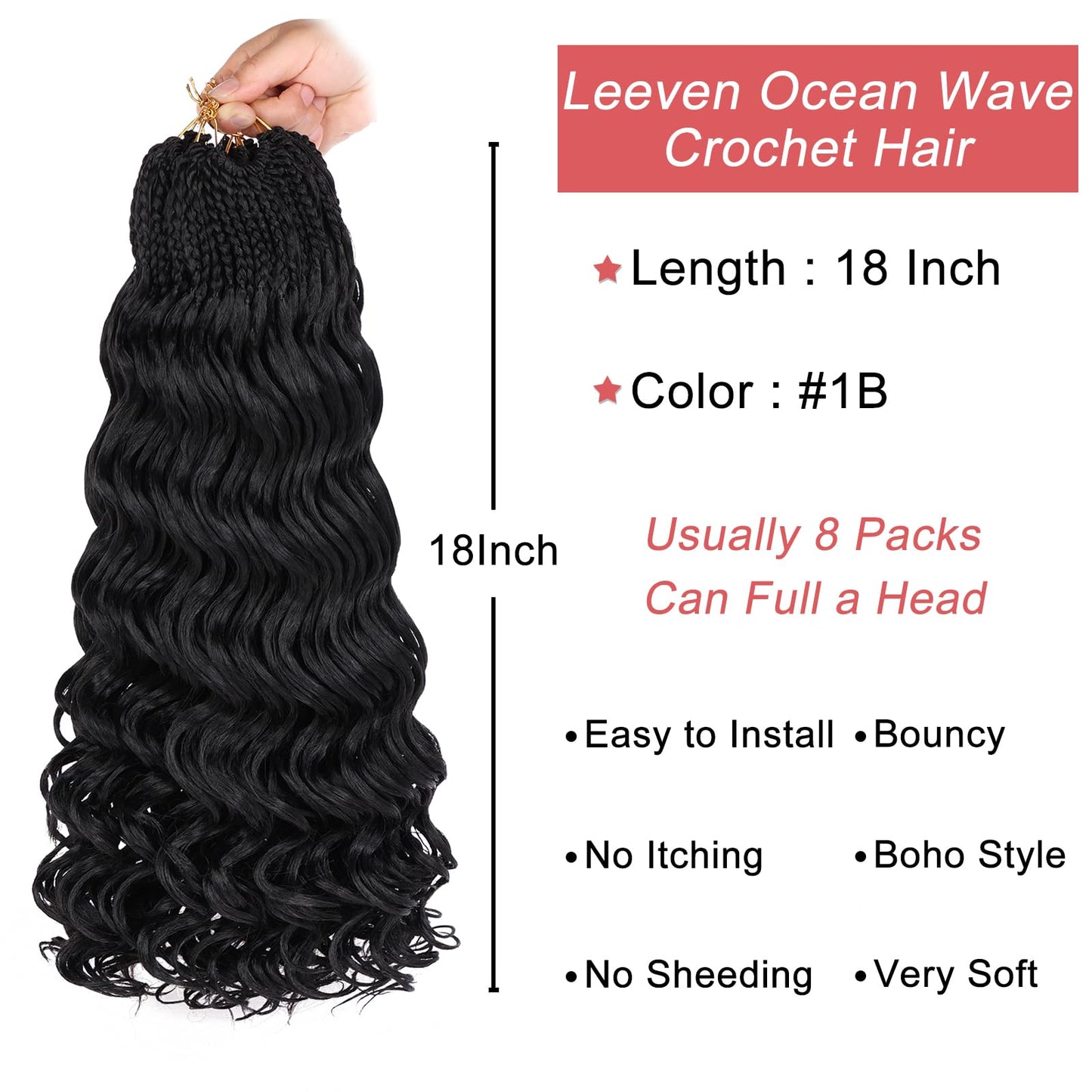Leeven 18 Inch Pre Looped Ocean Wave Crochet Hair 8 Packs Black Long Curly Crochet Hair Boho Ocean Braids Pre Twisted Synthetic Deep Wavy Crochet Braids for Women