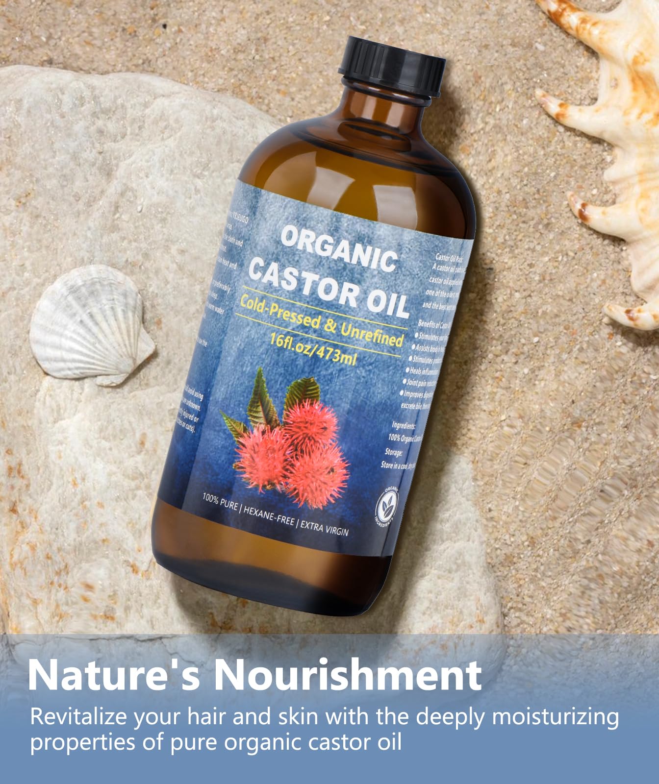 VRJEUGO Castor Oil Organic Cold Pressed Unrefined Glass Bottle, Organic Castor Oil for Face, Hair Growth & Thicker Eyelashes, 100% Pure and Hexane Free, 16oz