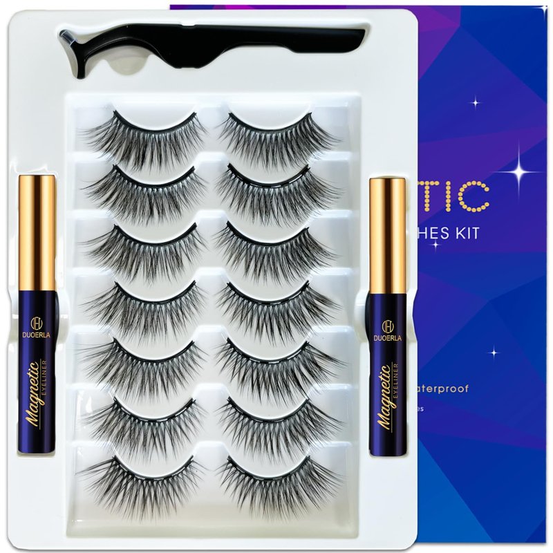Magnetic Eyelashes with Eyeliner Kit | 7 Pairs Wispy Cat-Eye Lashes - Reusable, Cruelty-Free, Easy Application