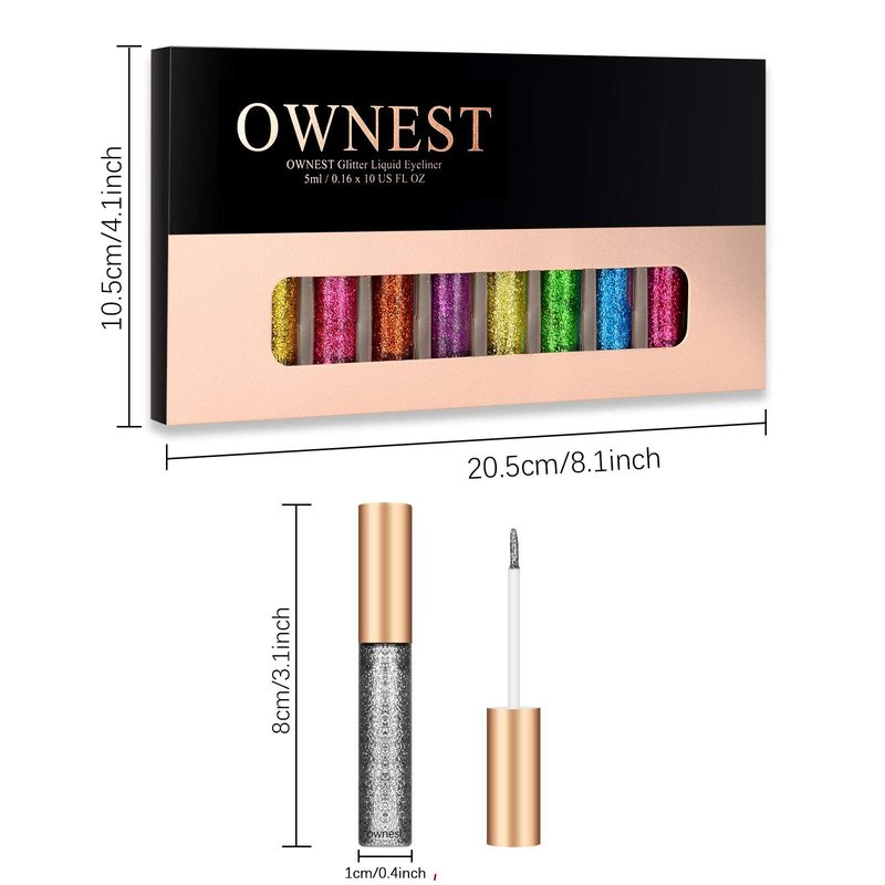Ownest 10 Colors Liquid Glitter Eyeliner Set, Metallic Shimmer Liquid Eyeshadow Set, Long Lasting Waterproof Shimmer Sparkling Liquid Eyeliner & Shadow Duo, Glitter Eyes Makeup Kit