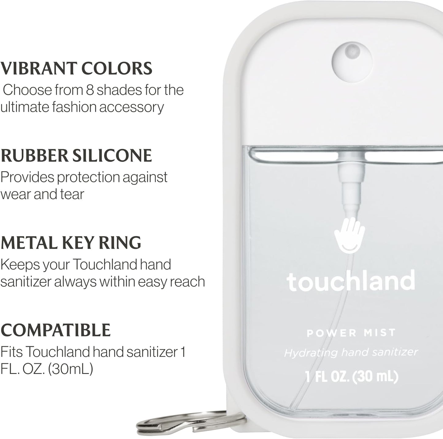 Touchland Hand Sanitizer Mist Case 1FL. OZ., Protective and Stylish Hand Sanitizer Spray Accessory, Silicone Case with Keyring, Icy White