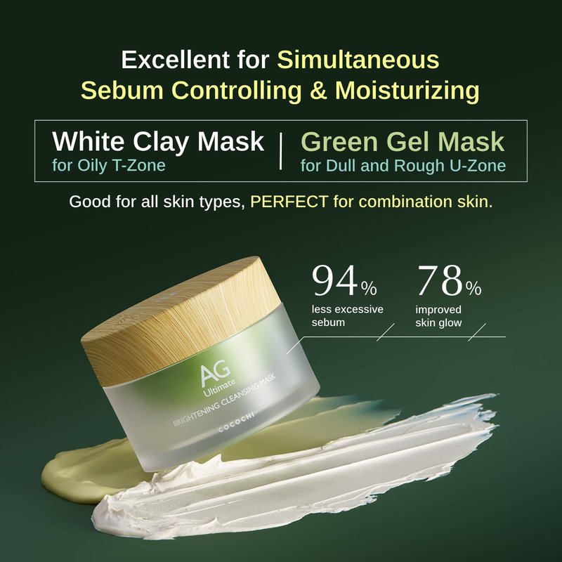 ココチコスメ COCOCHI AG Ultimate 2in1 Clay and Gel Cream Mask, Clay Mask for Face, Rejuvenating Green Tea Mask, Japanese Hydrating Face Mask Skincare with Swappable Container