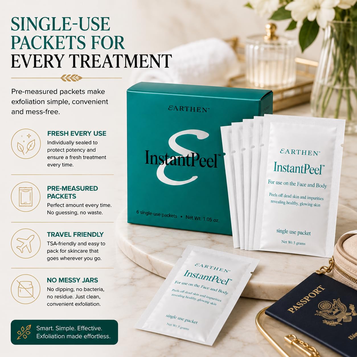 Earthen Instant Peel Exfoliating Packets 2 Pack – Gentle Face & Body Exfoliator for Smooth, Glowing Skin – Removes Dead Skin Cells Without Harsh Acids – Single Use Treatment, 12 Count Total