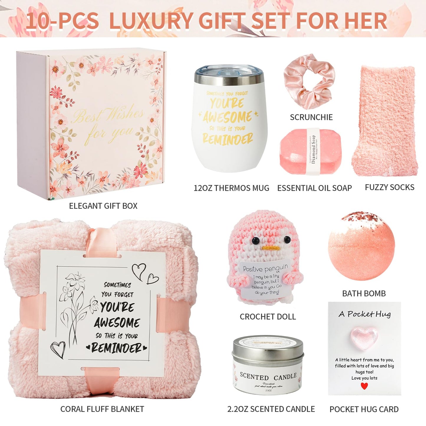 Self Care Gift Basket for Women, Luxury Spa Gift Basket with Blanket, Vanilla Coconut Self Care Set, Friendship Birthday Box for Mom, Sister, Wife, Best Friend, Coworker(Pink)