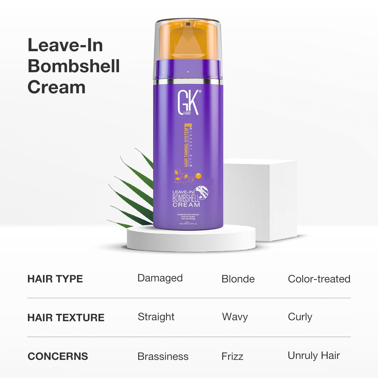 GK HAIR Leave In Bombshell Purple Cream – Purple Leave In Conditioner, Hair Toner for Brassy Hair, Hydrating, Frizz Control for Blonde & Damaged Hair 3.4 Oz