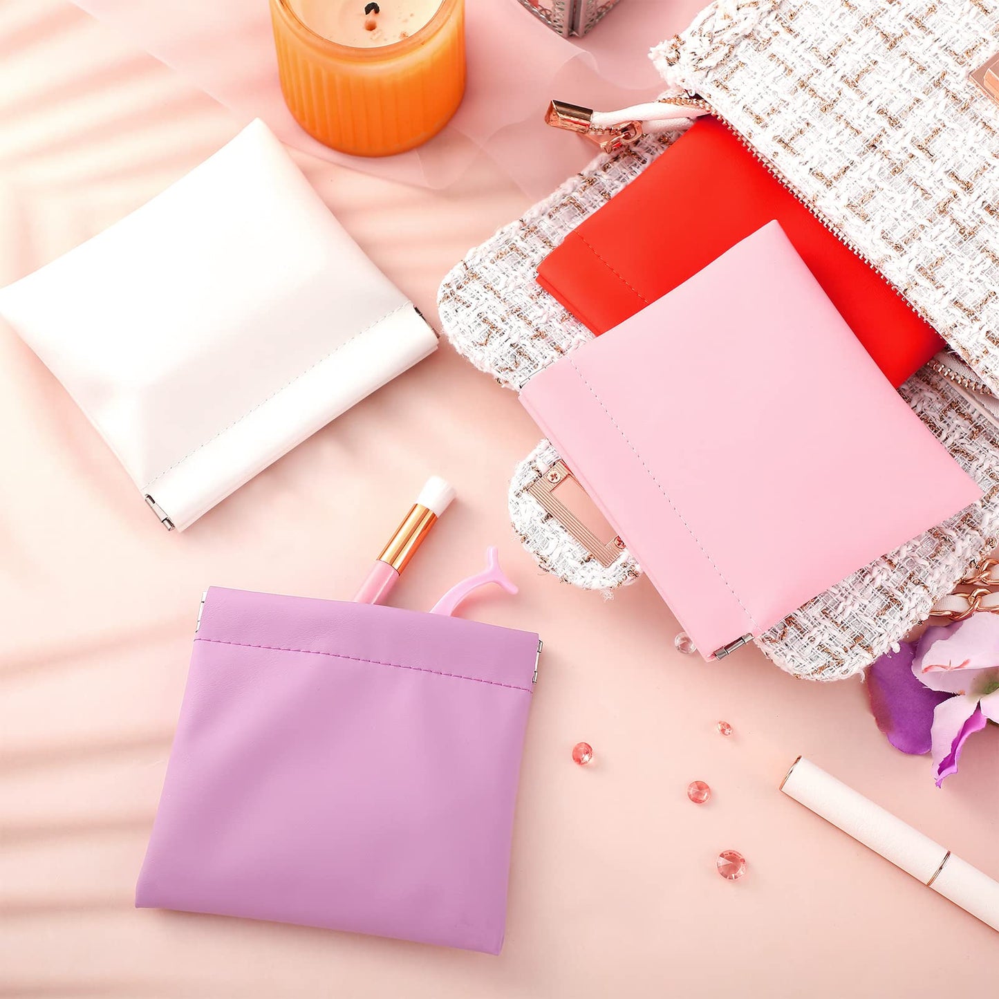 BBTO 15 Pcs Small Makeup Bag for Purse Mini Leather Pocket Cosmetic Bag Waterproof Portable Makeup Pouch No Zipper Coin Purse Lipstick Organizer for Women Travel Storage Essentials